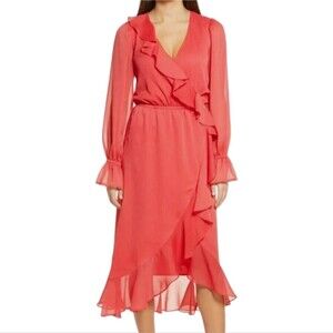 NWOT Chelsea28 Long Sleeve Ruffle Chiffon Wrap Dress in Melon Red Sz XS